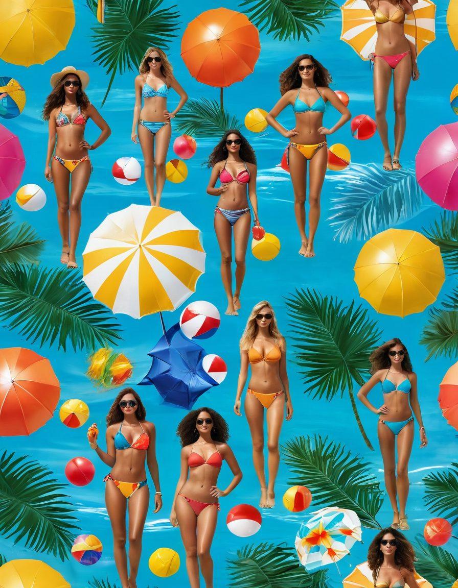 A colorful beach scene showcasing diverse models flaunting various styles of vibrant bikinis, surrounded by bright beach umbrellas and playful waves. Include tropical palm trees and beach accessories like sunglasses and beach balls to enhance the summer vibe. The atmosphere should be lively and inviting, capturing the essence of summer's hottest swimwear trends. super-realistic. vibrant colors. sunny background.